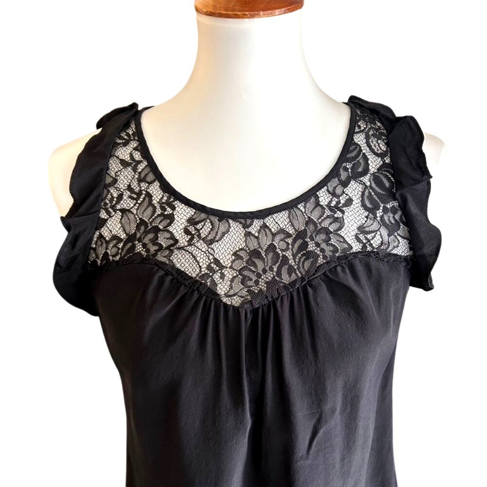 Black Silk Sleeveless Blouse – Lace Yoke & Ruffle Trim – Size S
